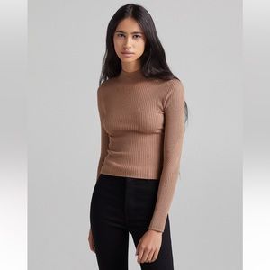 Bershka ribbed high neck sweater in brown, size L